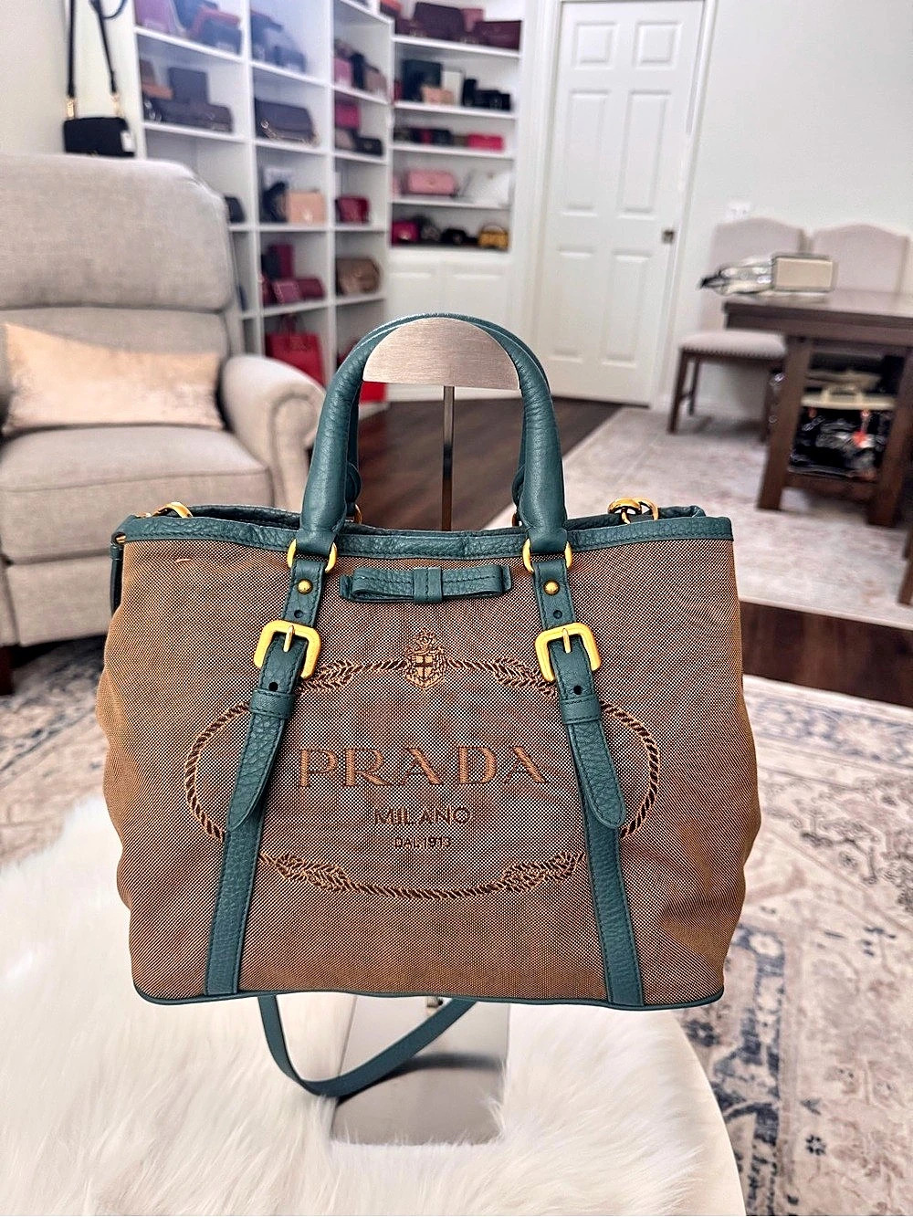 Prada Logo Jardinière Canvas Tote/Crossbody Strap Bag Brown & Teal/Turquoise
